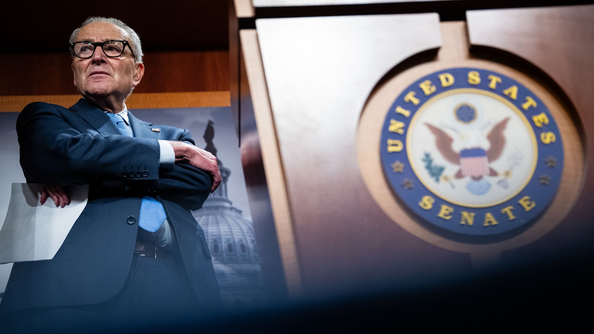 Senate Minority Leader Chuck Schumer (D-N.Y.) at the US Capitol in Washington, DC, US, on Friday, Oct. 3, 2025.