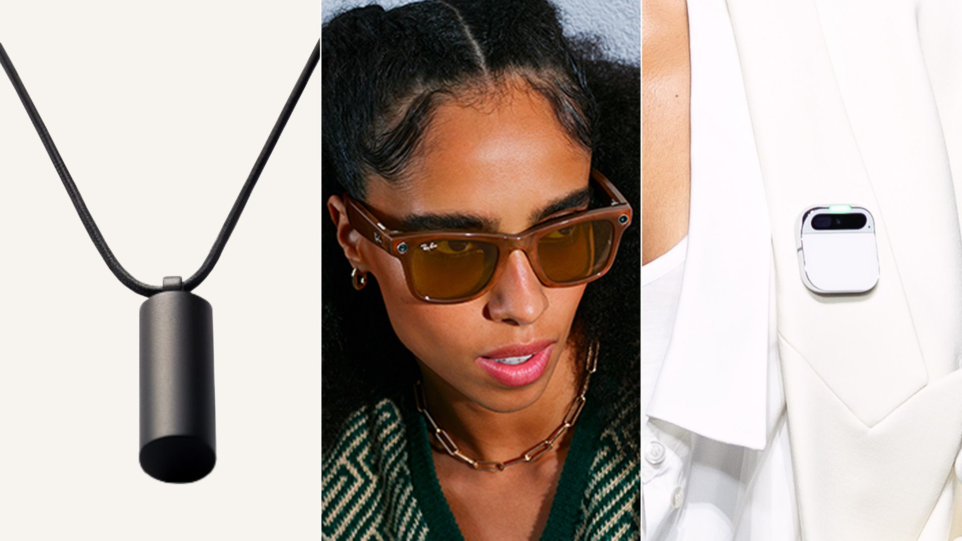 Images of three new AI wearables from Rewind, Meta and Humane 