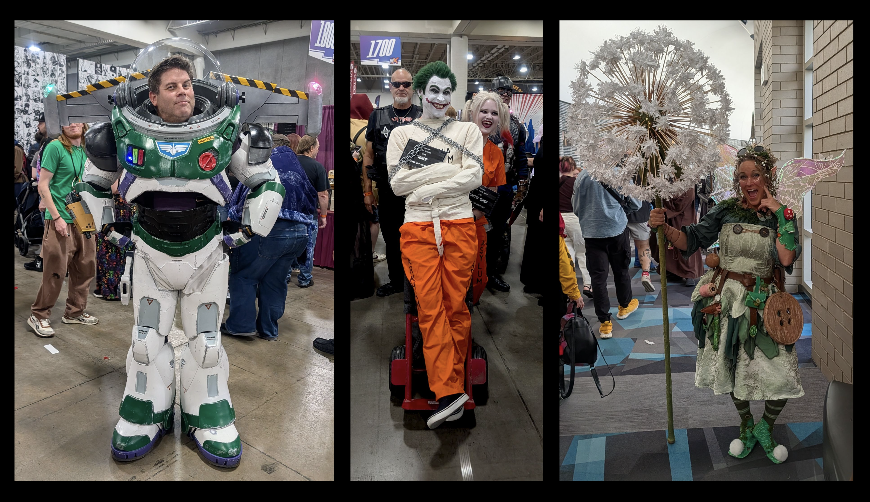Triptych at a convention: left a man in green-and-white sci-fi armor; center a Joker in white makeup and orange jumpsuit; right a fairy-costumed woman with a large floral wand and wings.