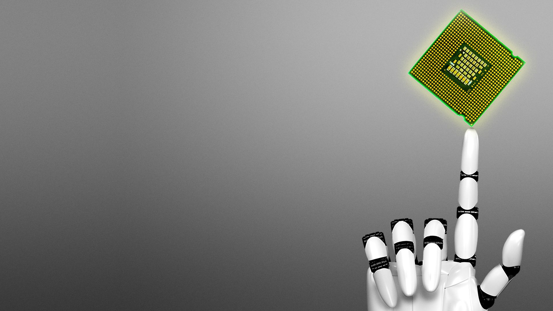 Illustration of a computer chip resting on the index finger of a robotic hand.