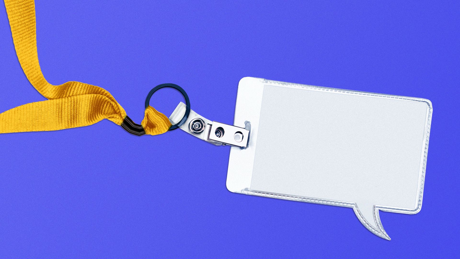 Illustration of a lanyard attached to a card in the shape of a speech bubble.