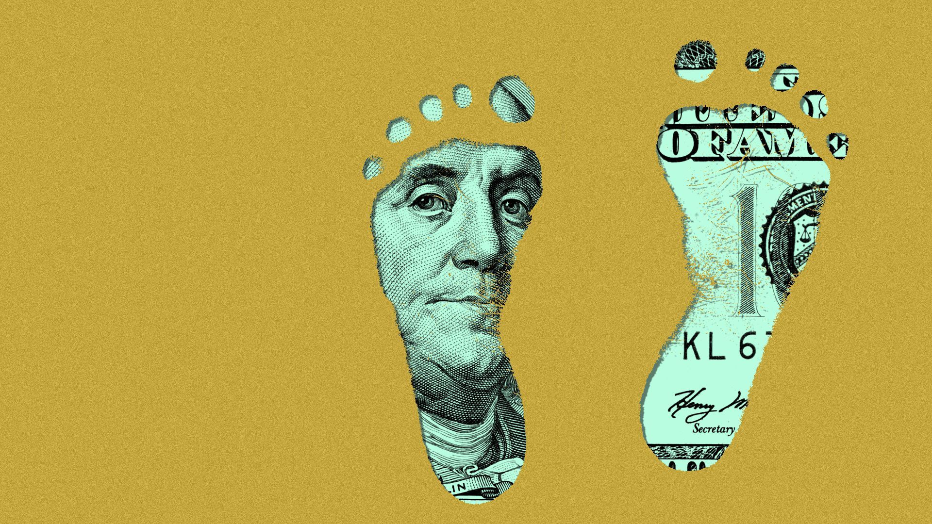 Illustration of a hundred dollar bill masked out by two footprints.