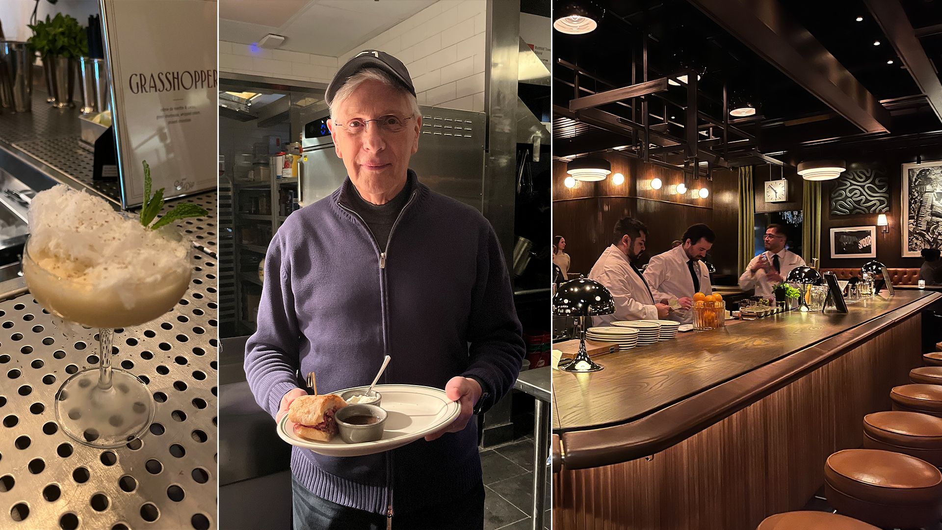 cocktail man with sandwich and bar