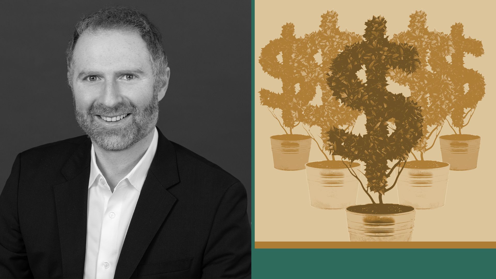 Photo illustration of Michael Podolny surrounded by abstract shapes, and planters growing trees in the shape of a $. 