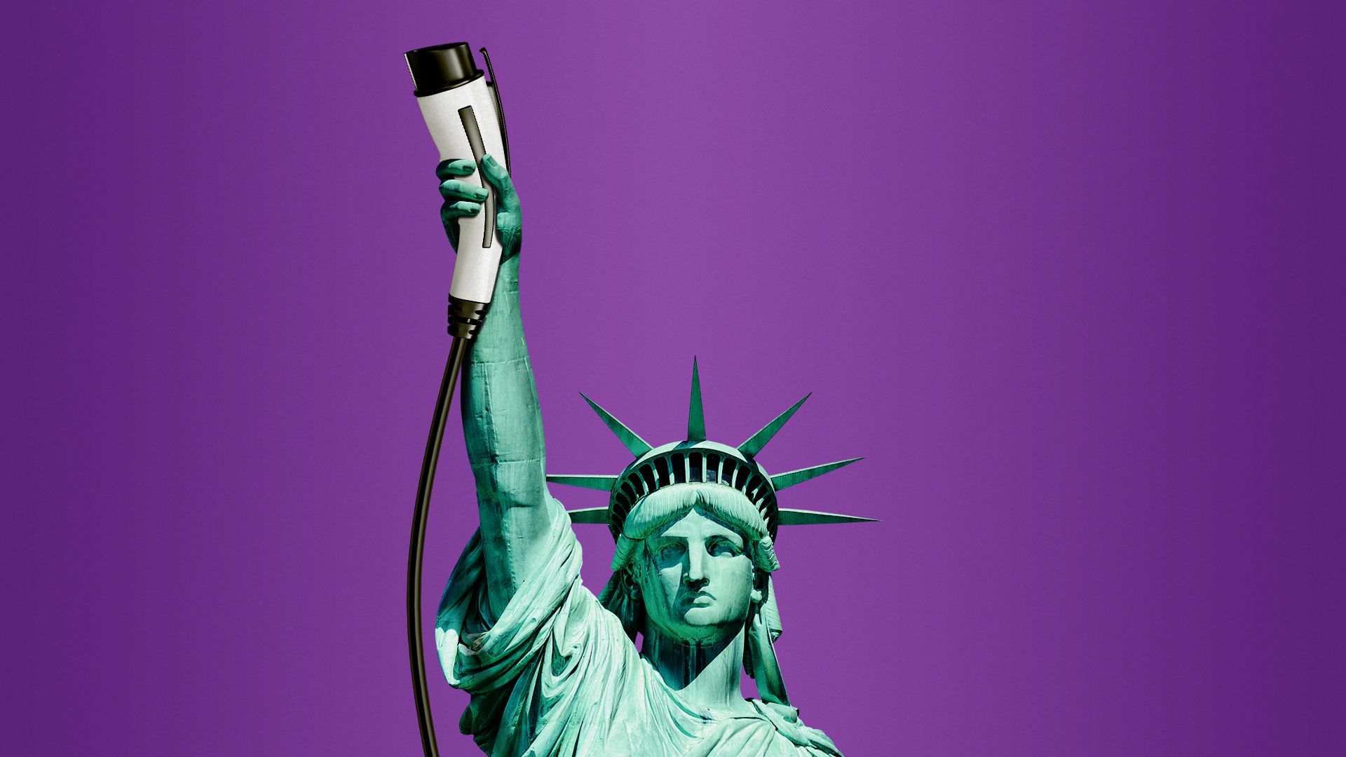 Illustration of the Statue of Liberty holding up the plug for an EV charger.
