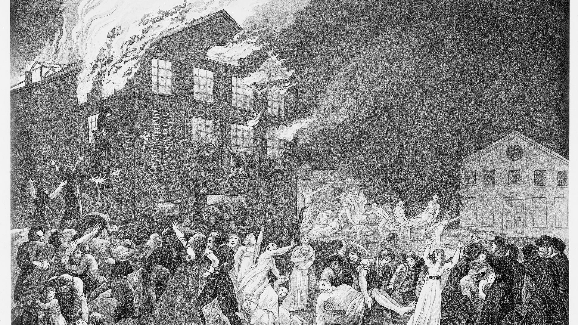 an 1812 drawing of the fire of 1811 - big building, big flames, lots of people screaming