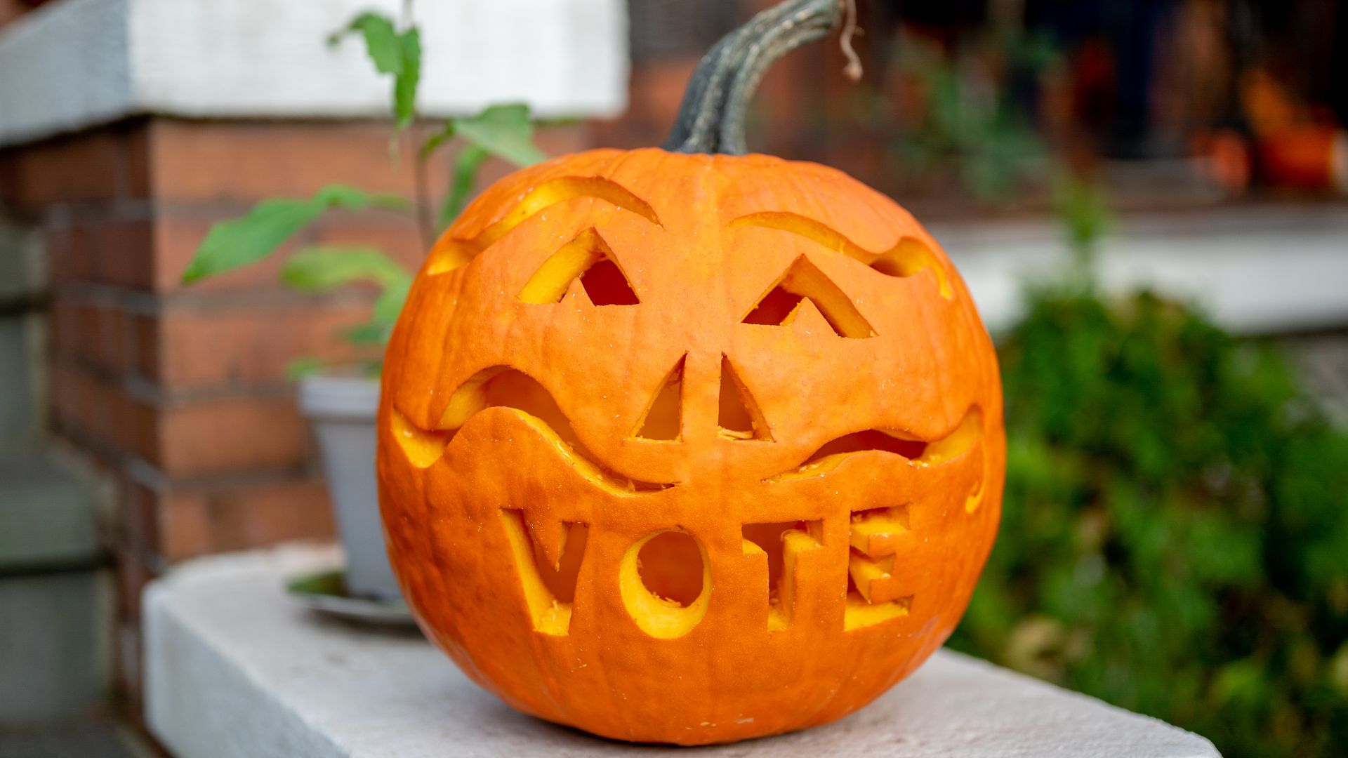 A pumpkin carved with the word "Vote"