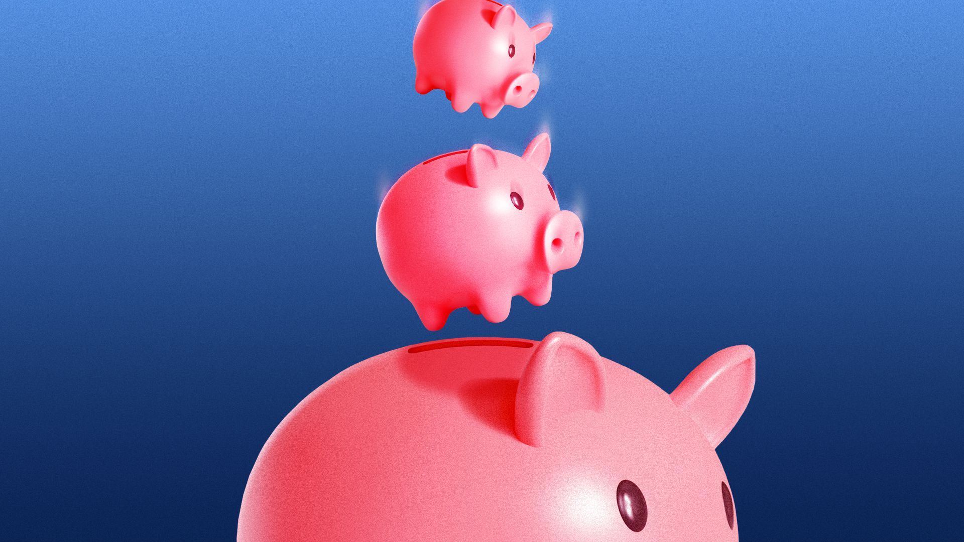 Illustration of a piggy bank with gradually smaller piggy banks falling into it