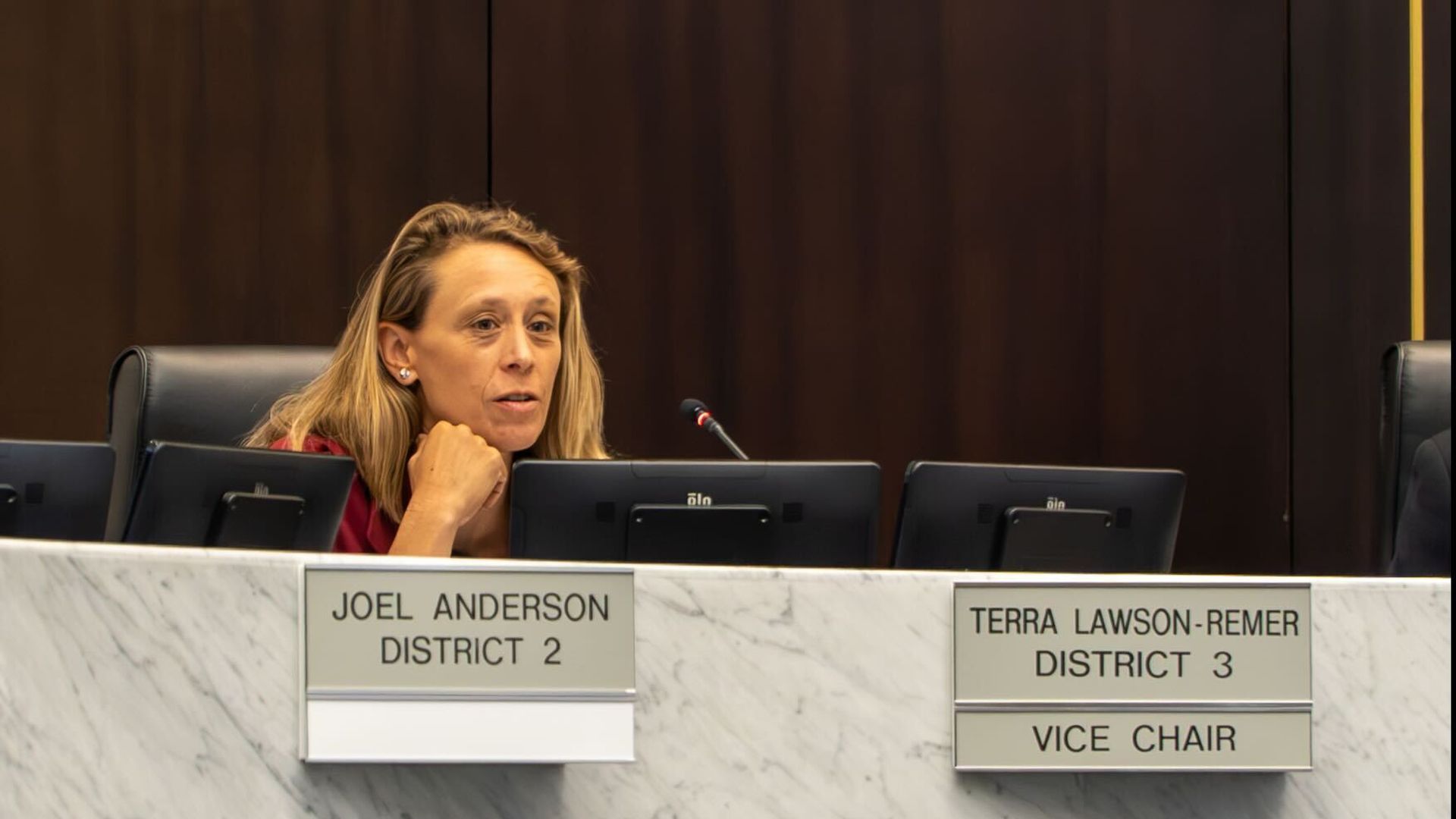 County Supervisor Terra Lawson-Remer on the county dais