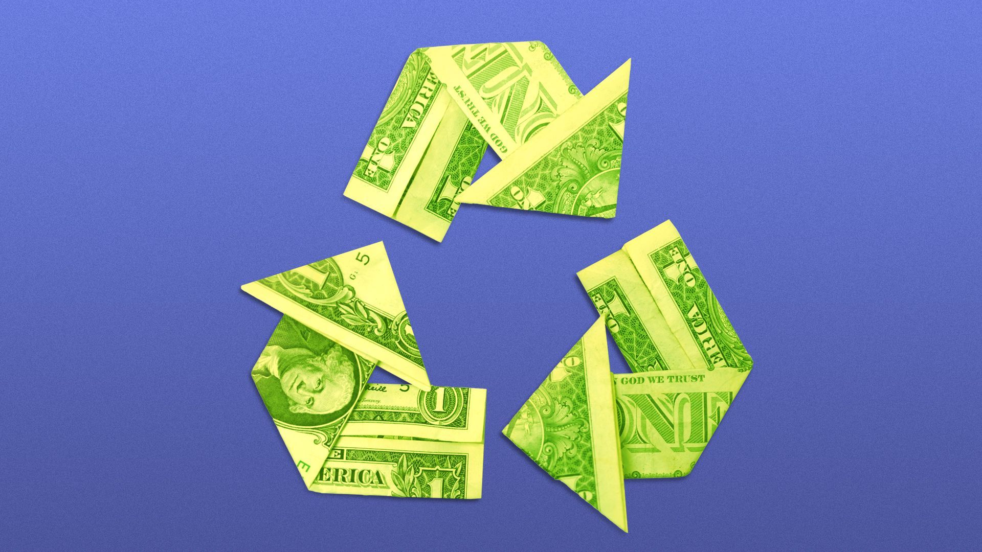 Illustration of the recycle symbol made out of dollar bills