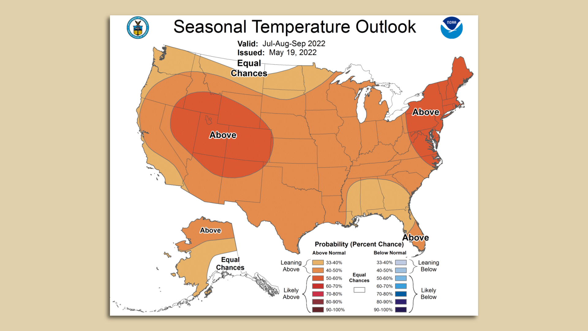 A map of the NOAA's summer temperature outlook.