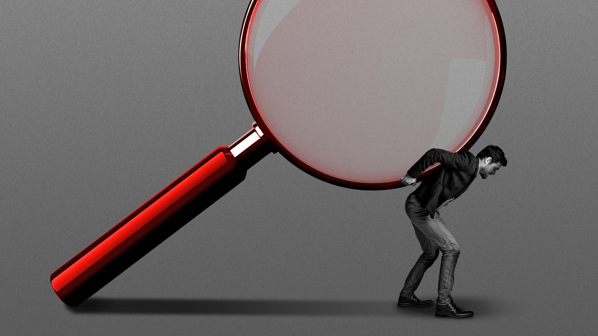 Illustration of a tiny person carrying a large magnifying glass on his back