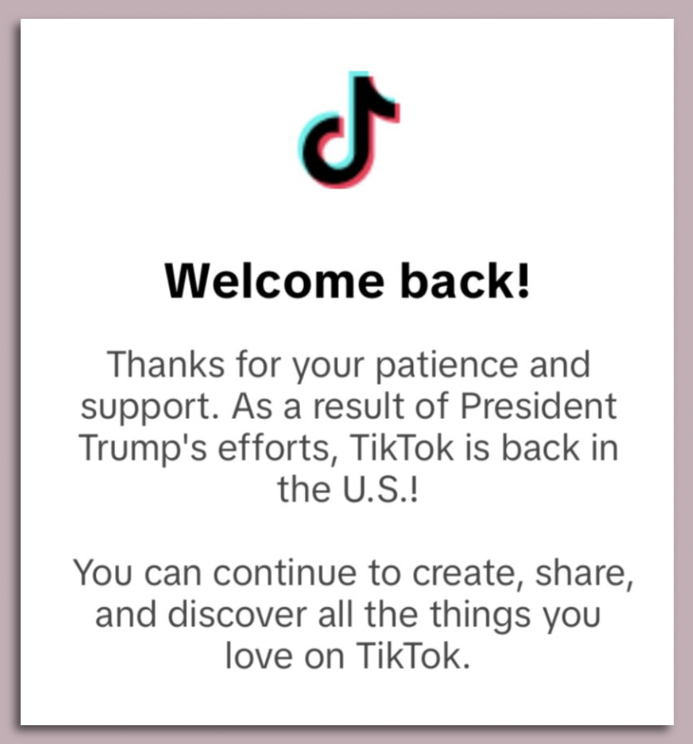 Screenshot welcoming TikTok users back to the app