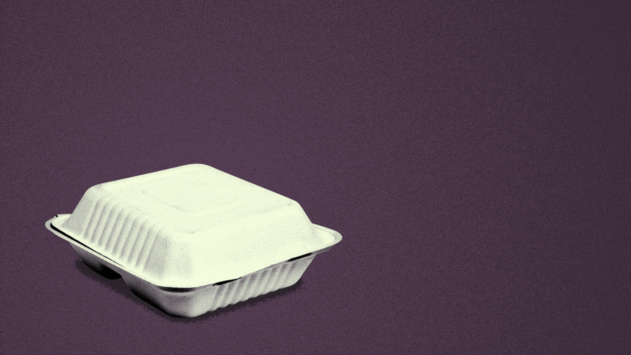 Animated illustration of a styrofoam takeout container opening and light shining out of it.