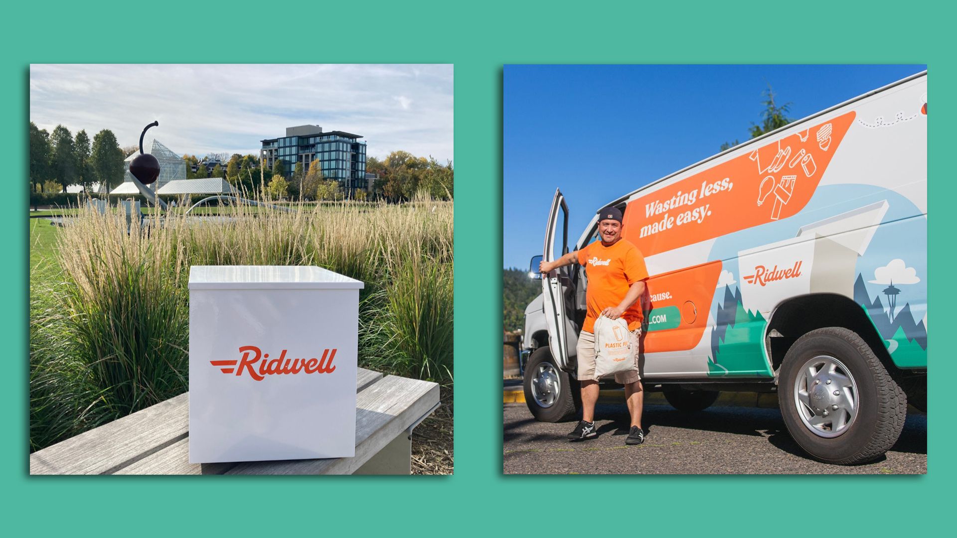 A white box with the word ridwell on it in orange, and an orange branded Ridwell van.