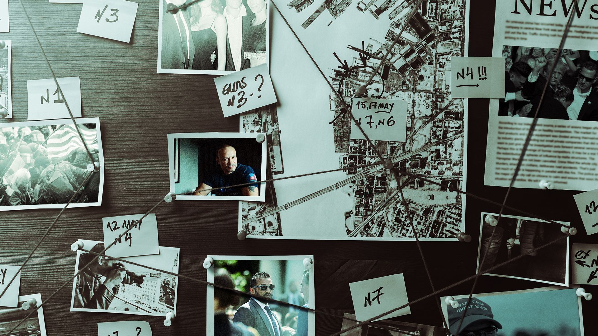 Photo illustration of an evidence board containing photos of Kash Patel, Dan Bongino, Donald Trump’s assassination attempt, the January 6 insurrection, and Jeffrey Epstein.