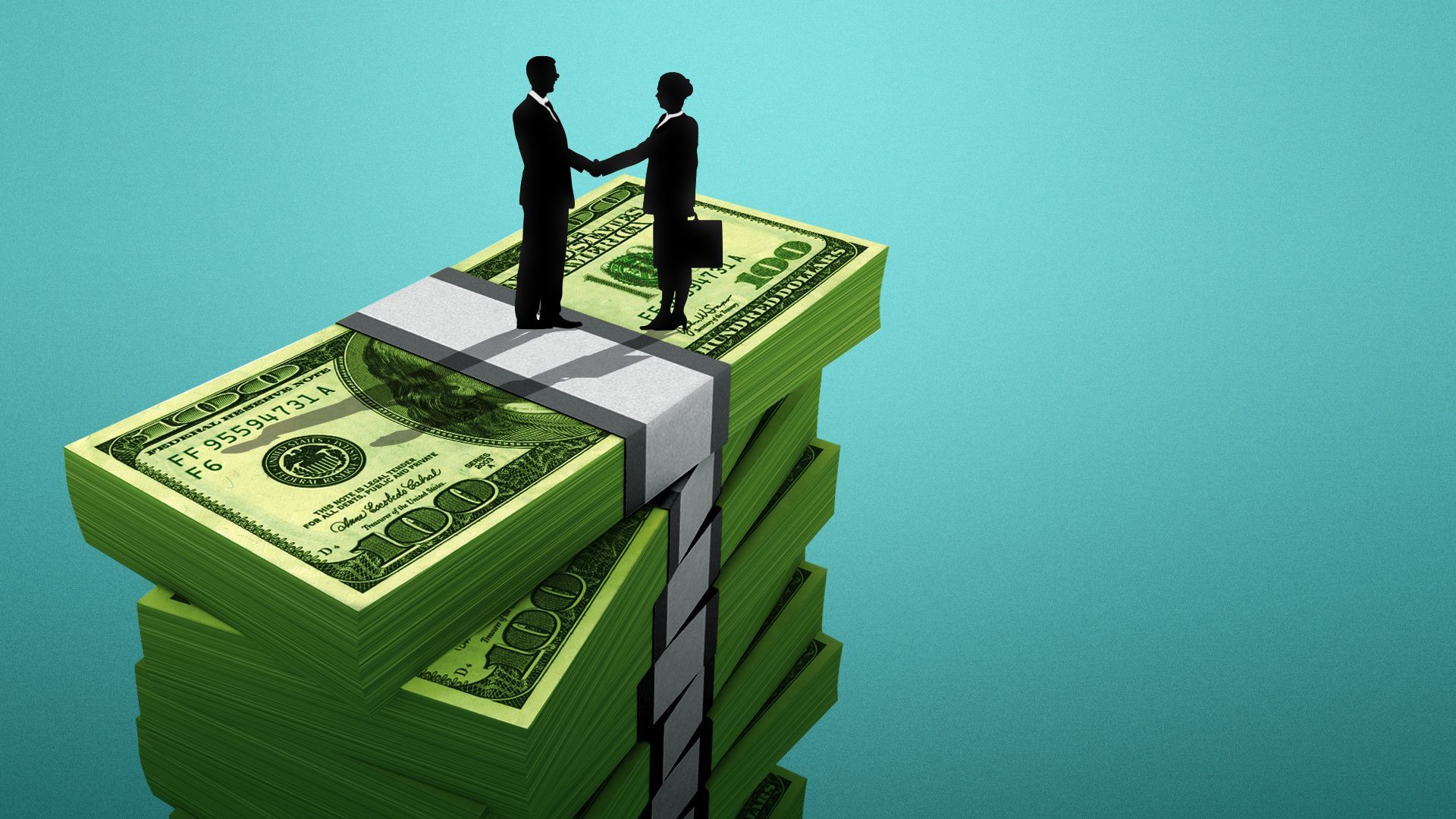 Illustration of two people shaking hands on a giant stack of money. 
