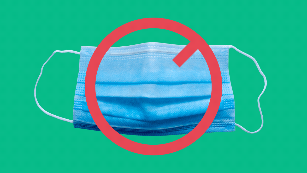 Illustration of a mask with an animated "no smoking" symbol over it, with the crossbar extending to different lengths, but never getting all the way across.