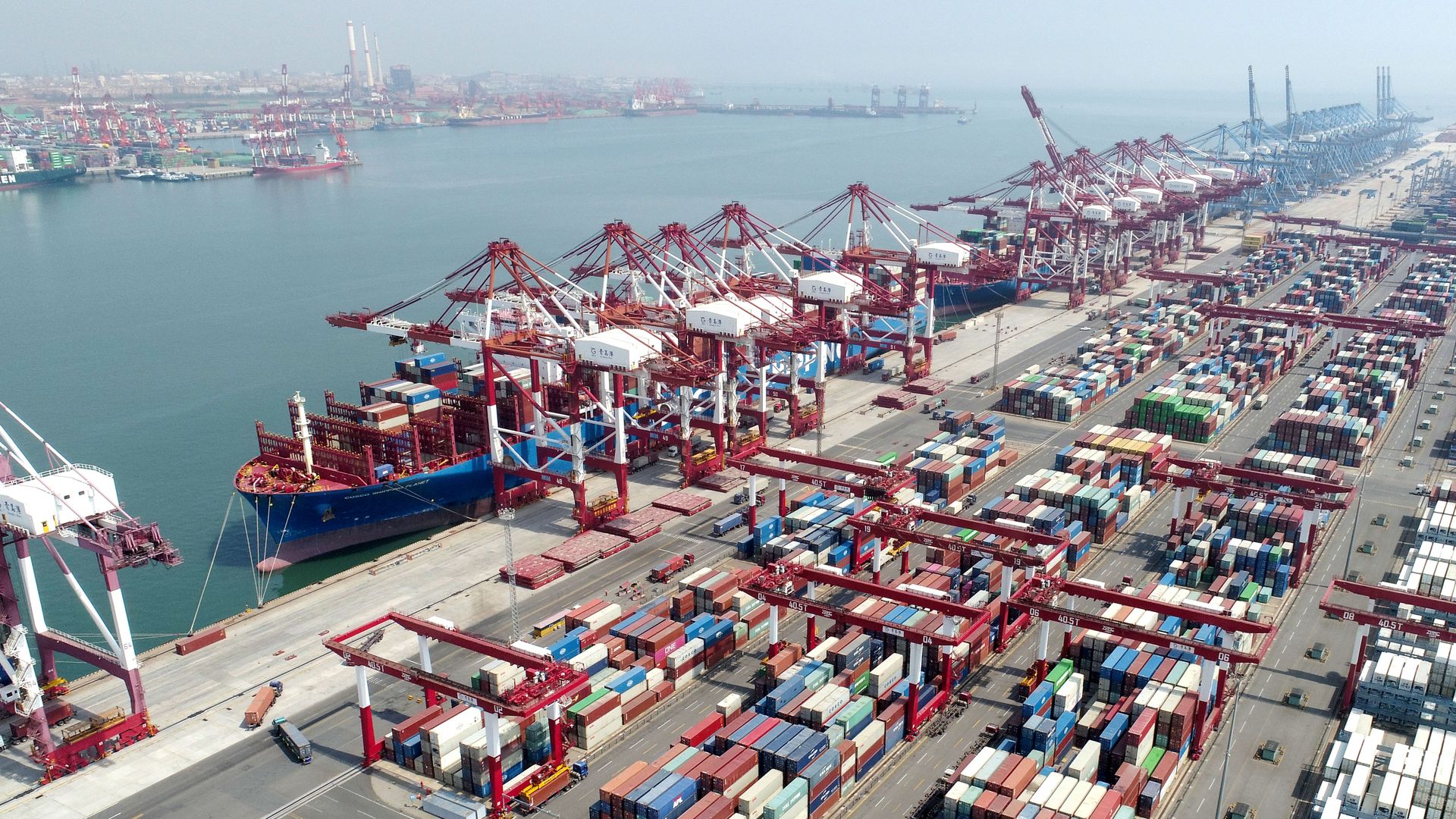 Cargo ships at a container terminal in Qingdao Port