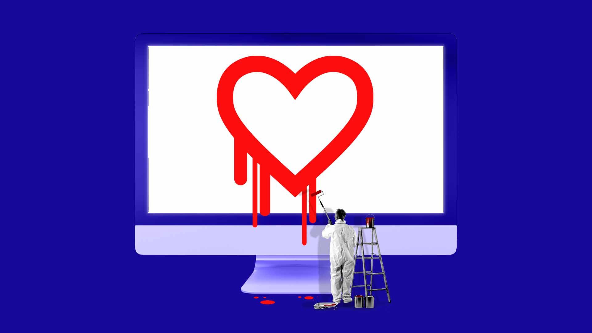 Illustration of a tiny painter painting the Heartbleed logo on a desktop monitor 