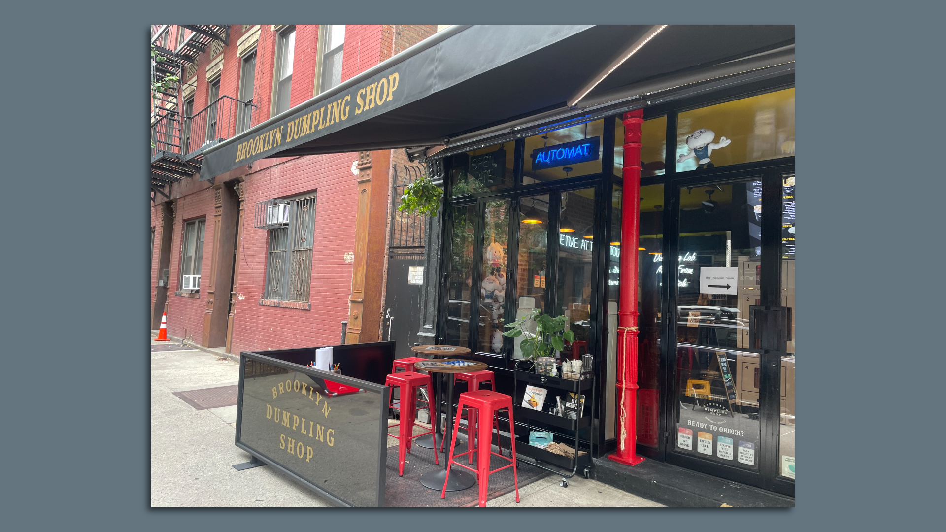 The exterior of the Brooklyn Dumpling Shop, an automat restaurant.