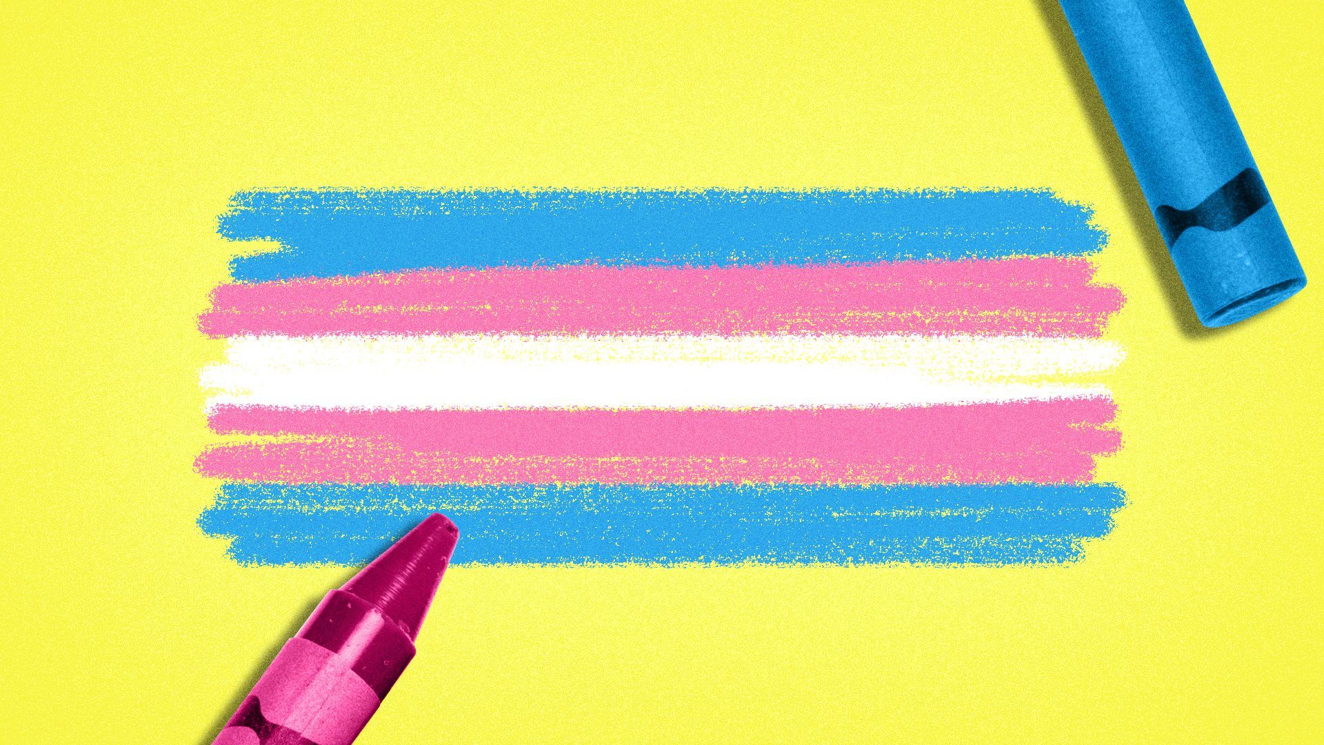 Illustration of a transgender pride flag drawn in crayons.