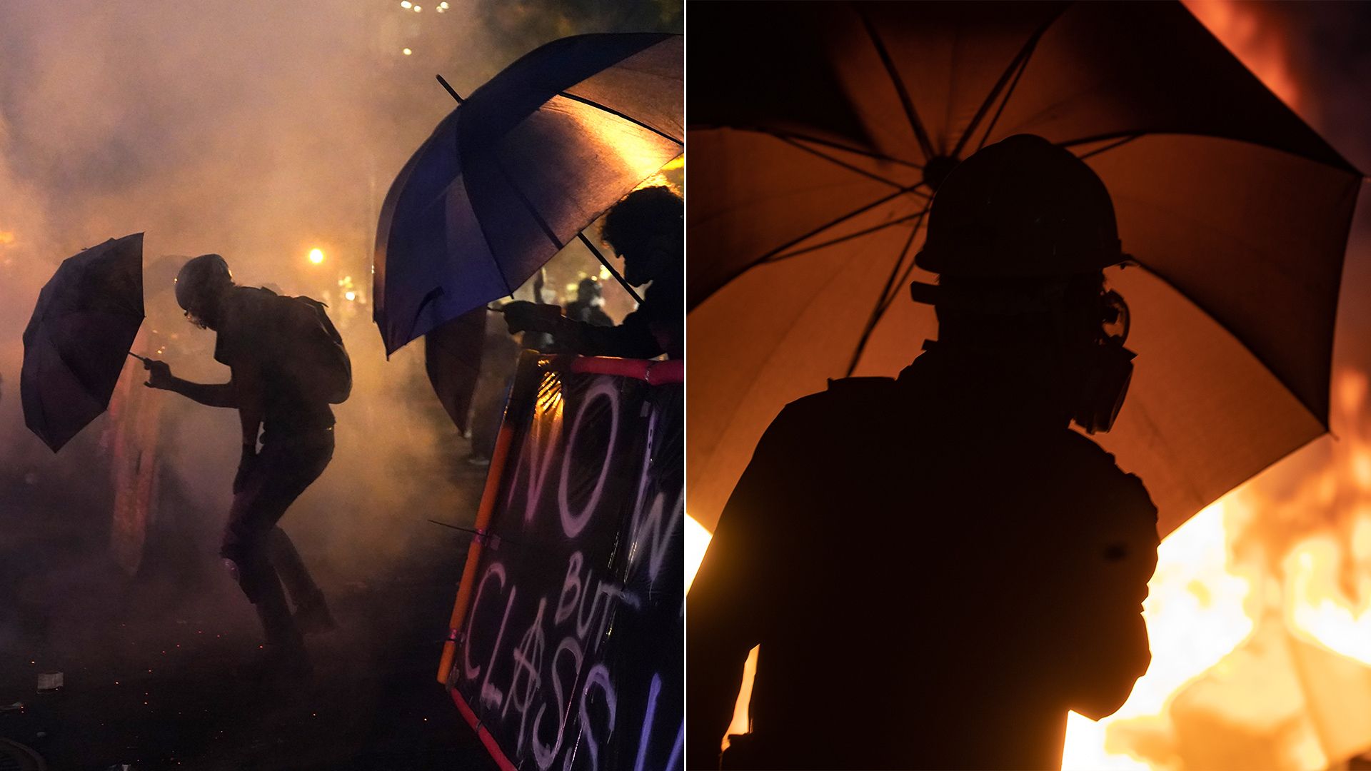Juxtaposed photos of the Hong Kong and Portland protests.