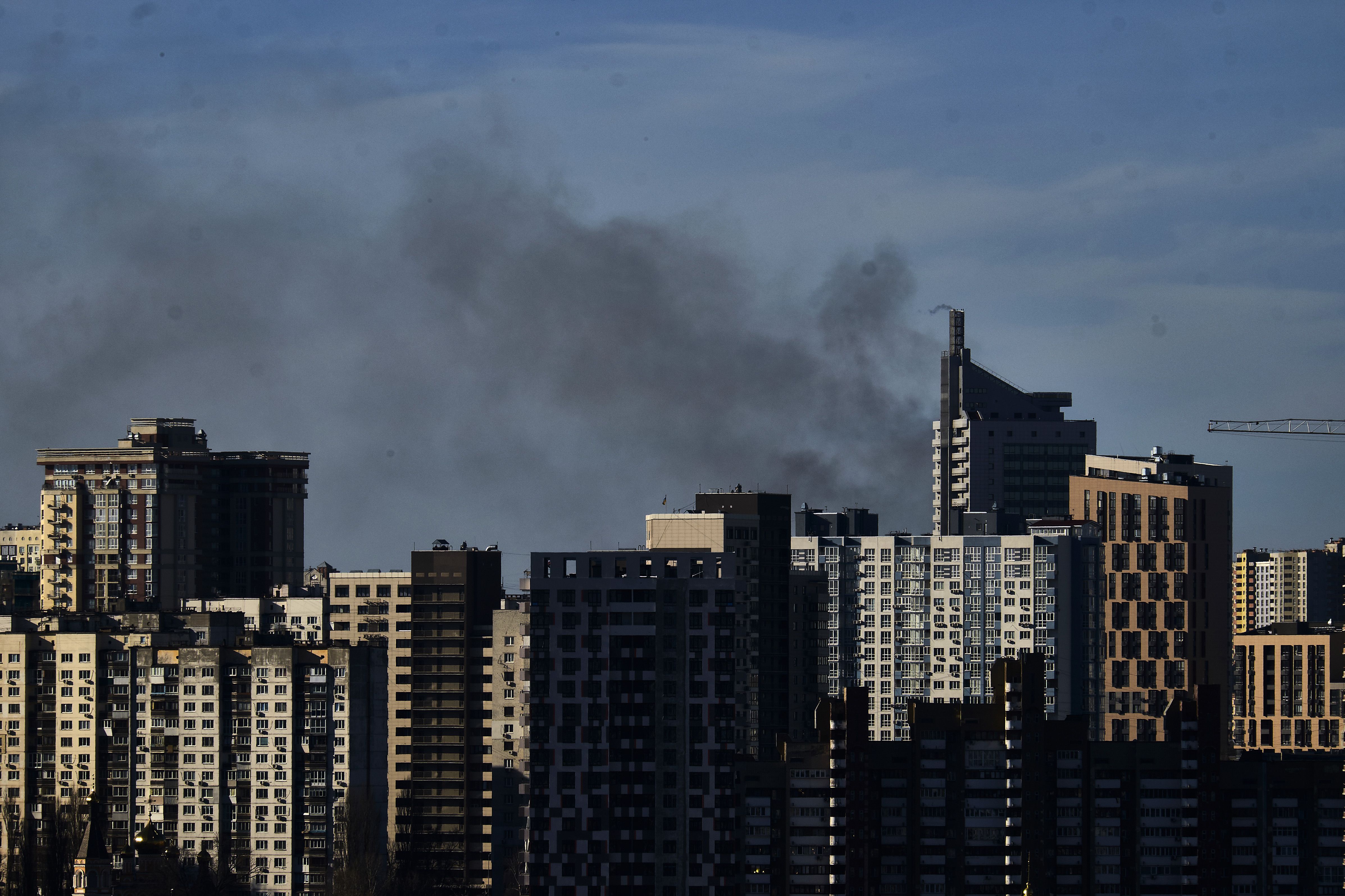 Smoke is seen rising from buildings on February 26, 2022 in Kyiv, Ukraine. 