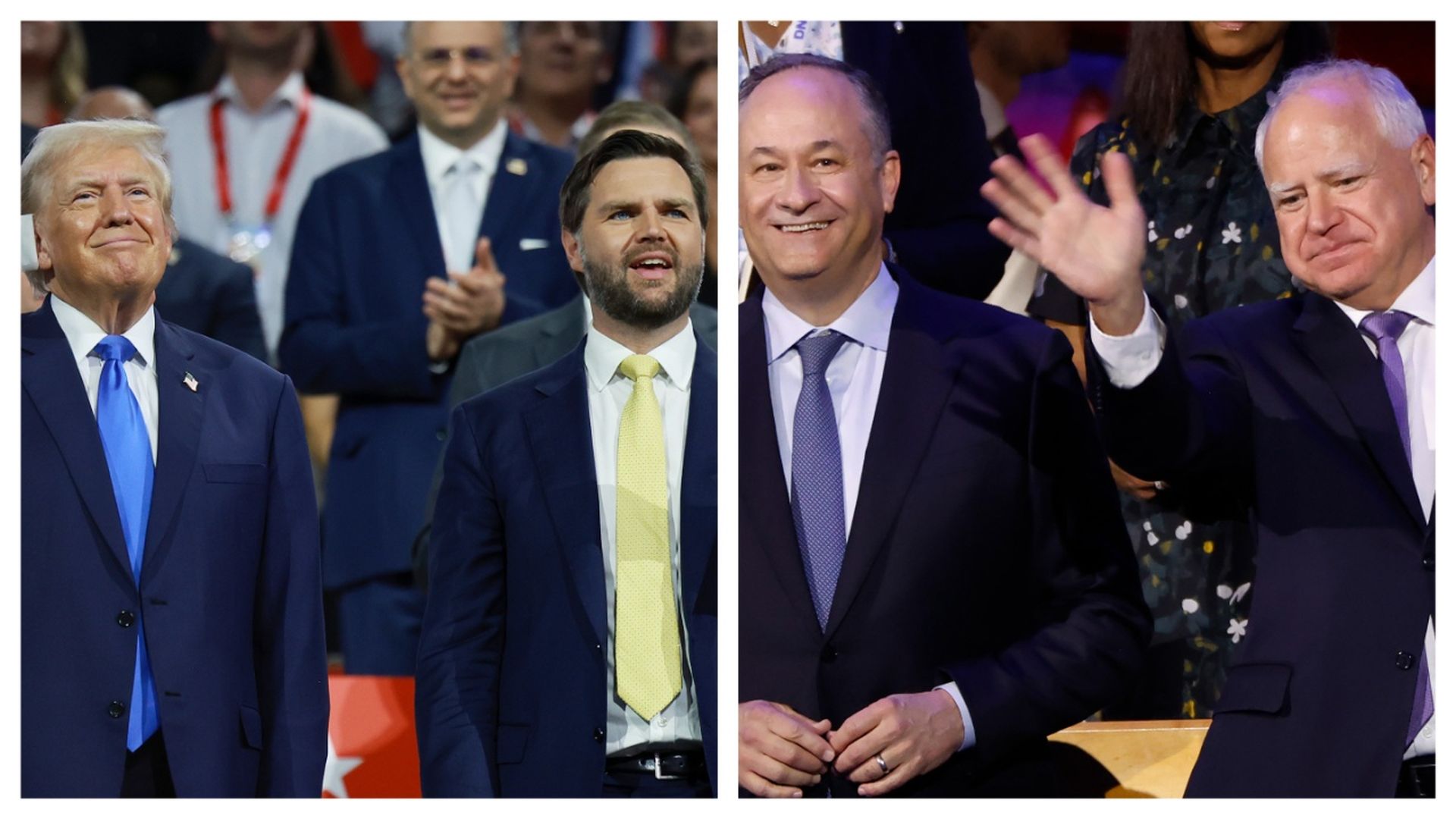 Donald Trump and J.D. Vance at the RNC on July 16. Doug Emhoff and Tim Walz at the DNC on Aug. 19. 