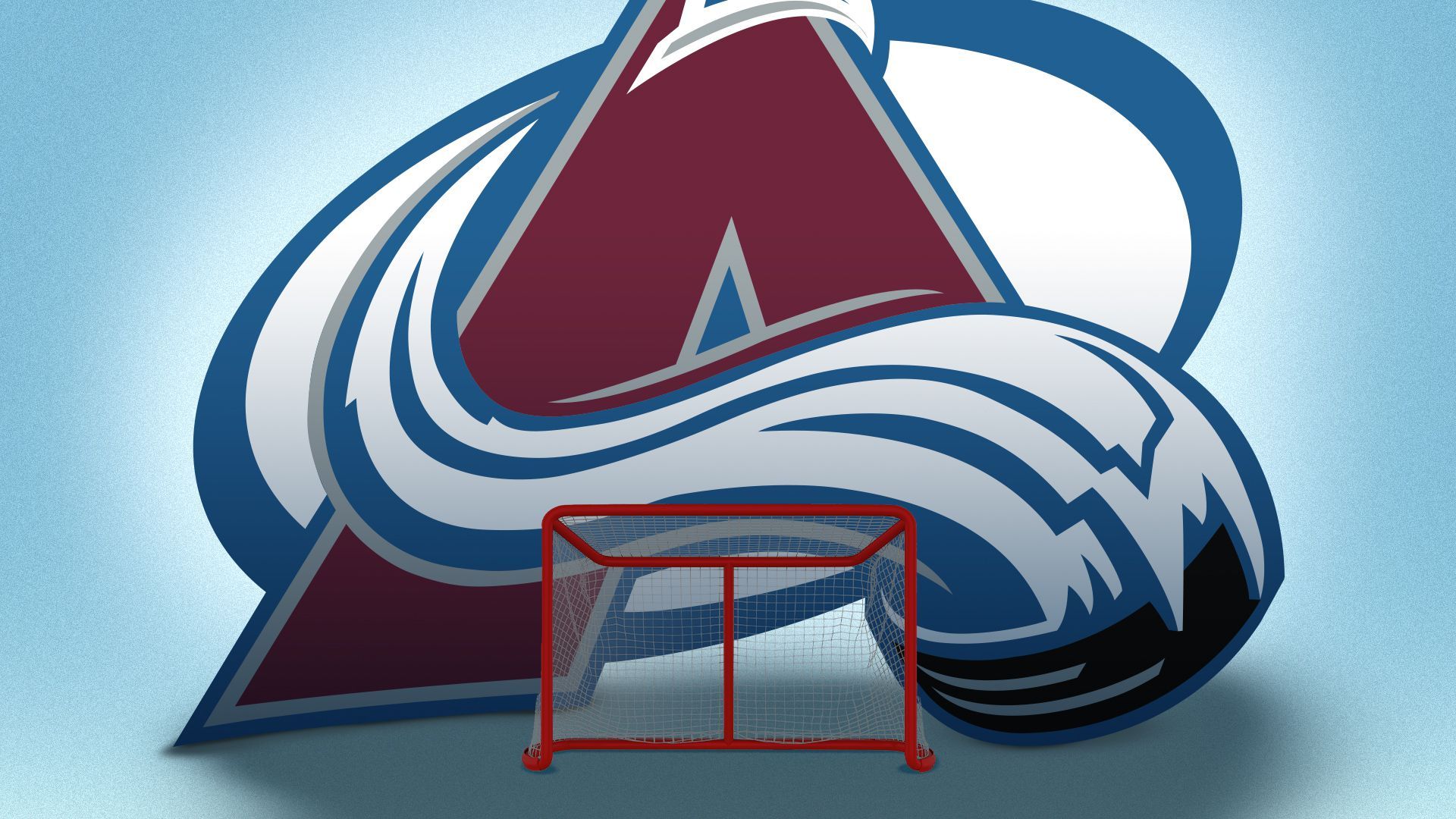 Illustration of the Avalanche logo casting a shadow over a hockey goal