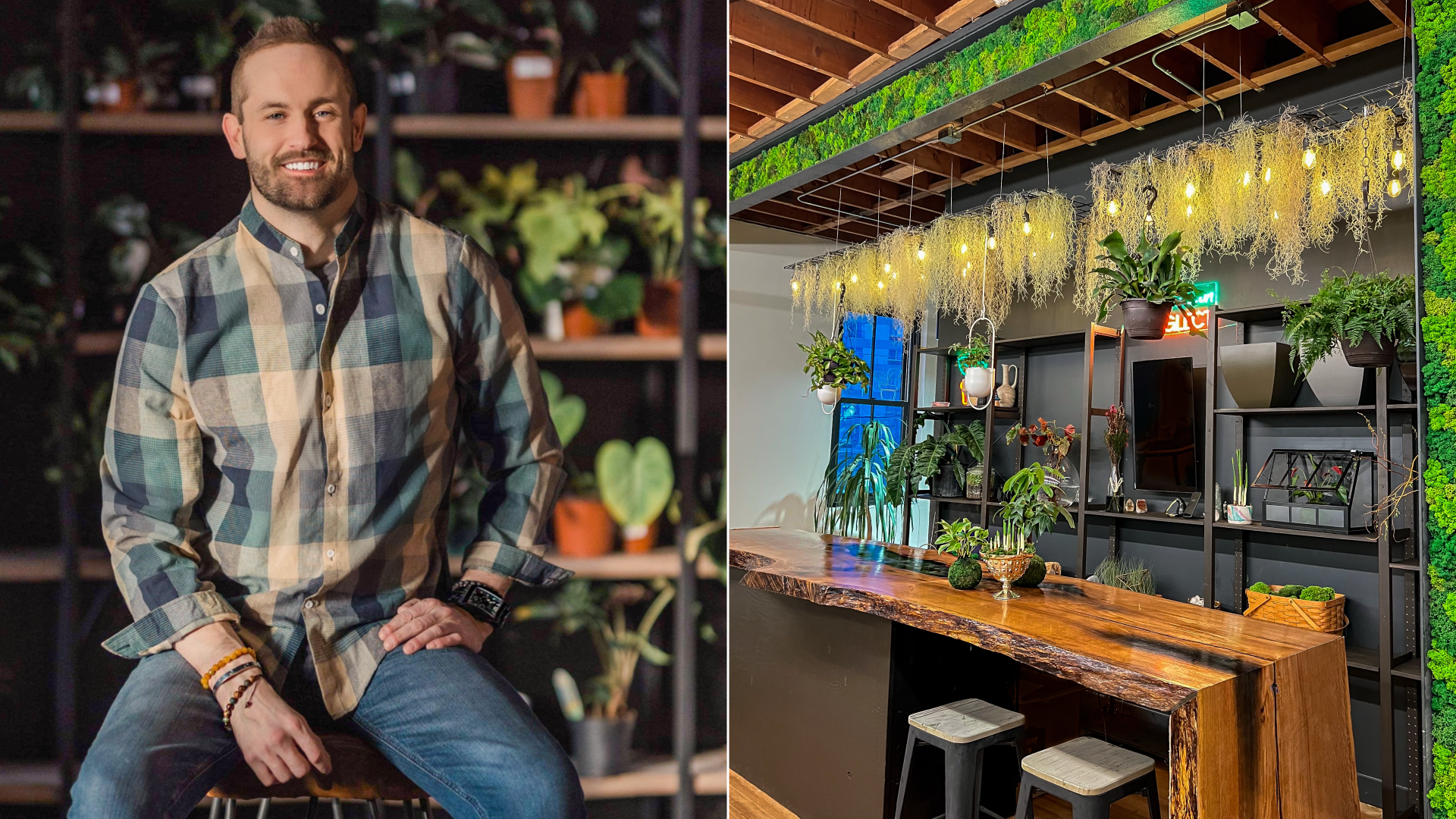 A man on the left and the trendy gardener bar area on the right