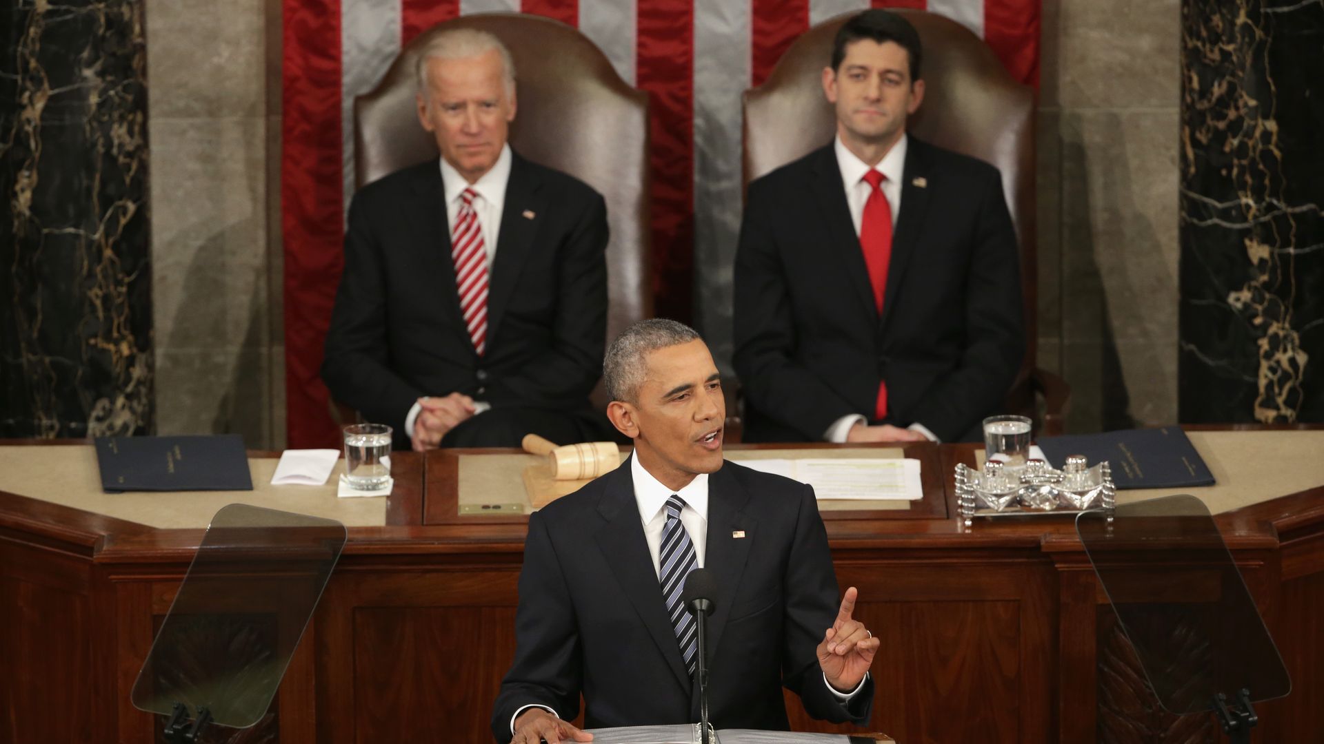 Vice President Joe Biden and House Speaker Paul Ryan are seen listening to President Obama as he delivers his final State of the Union address in January 2016.