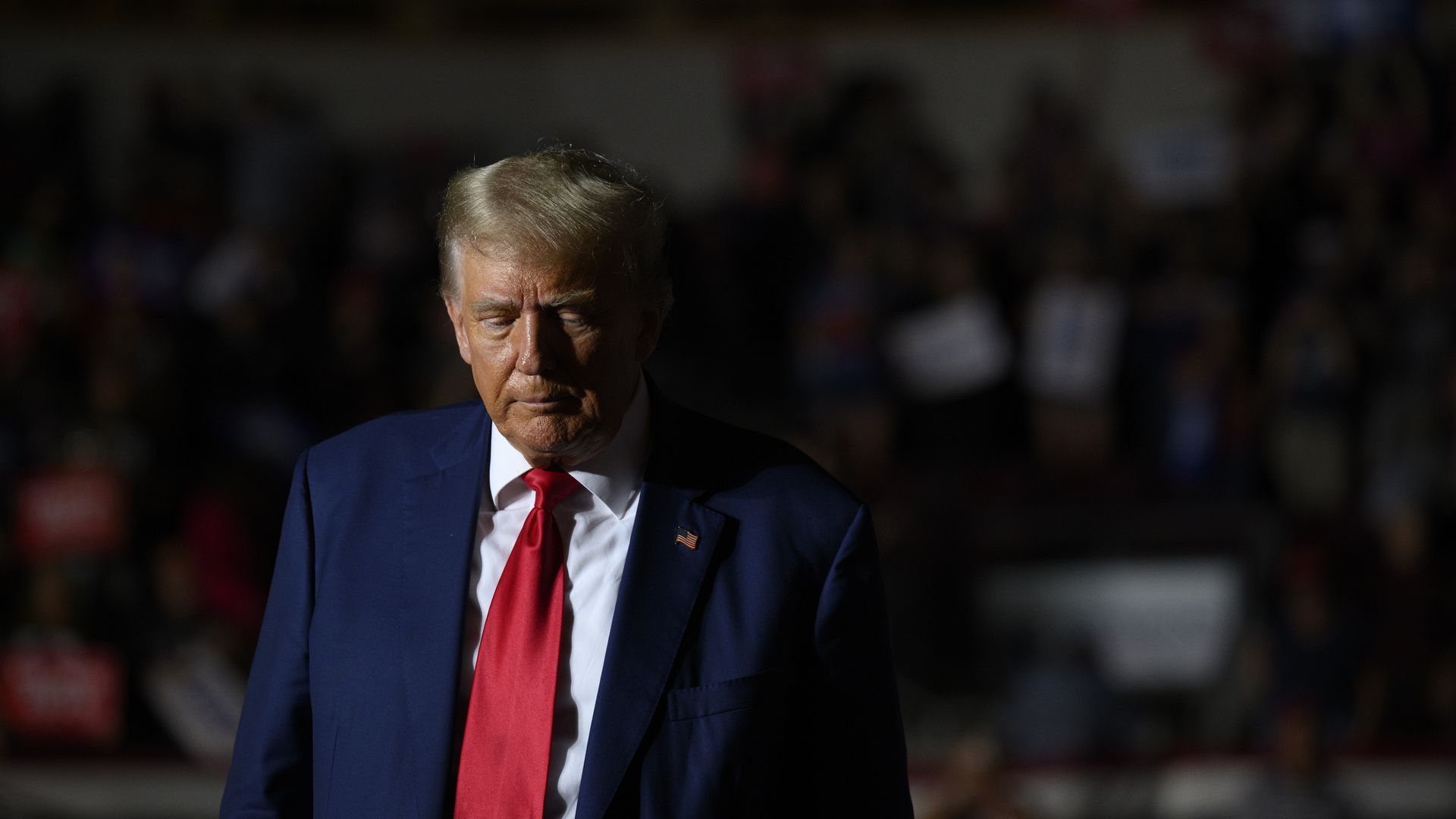 Former U.S. President Donald Trump leaves after speaking to supporters during a political rally while campaigning for the GOP nomination in the 2024 election at Erie Insurance Arena on July 29, 2023 in Erie, Pennsylvania.