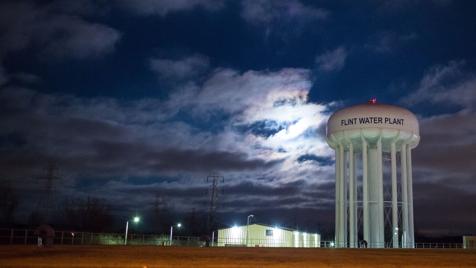 The City of Flint Water Plant is illuminated by moonlight on January 23, 2016 in Flint, Michigan.