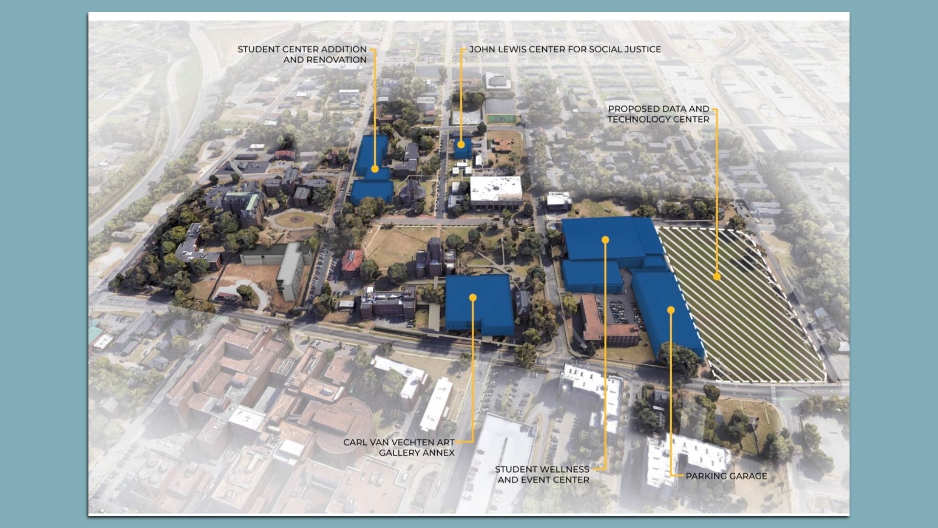 Aerial campus view with blue buildings and yellow markers labeling major facilities: Student Center Addition & Renovation; John Lewis Center for Social Justice; Proposed Data & Technology Center.