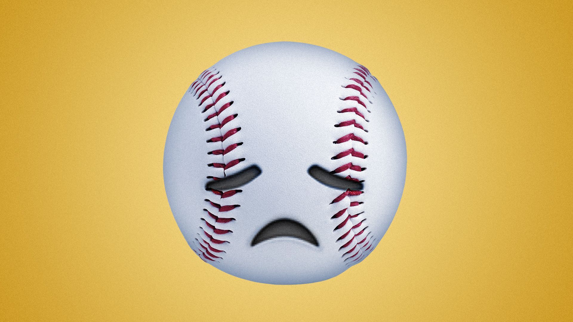 Illustration of a baseball stylized as a disappointed emoji. 