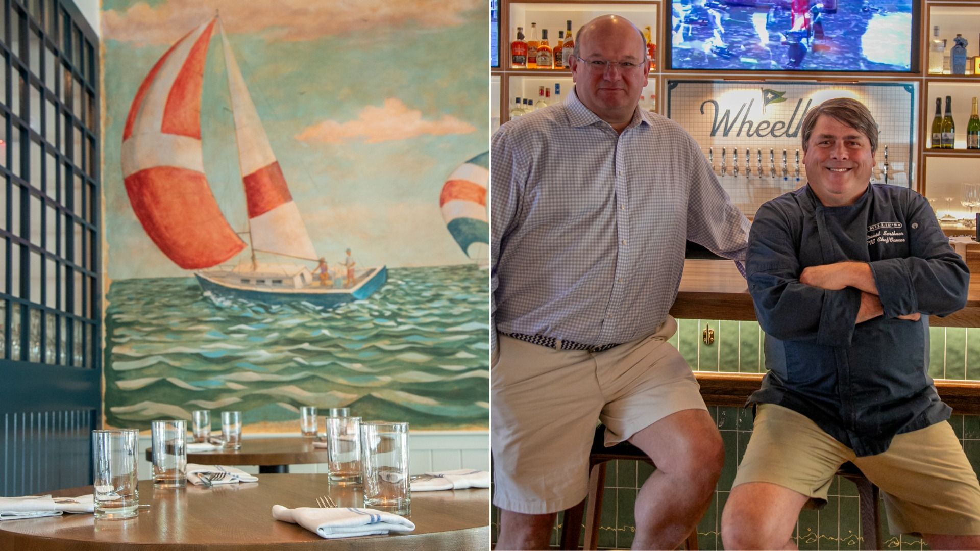 Split image: left mural of a red-and-white sailboat on teal water beside a dining table with glasses; right two men at a bar, one in a checkered shirt and the other in a chef coat, smiling.