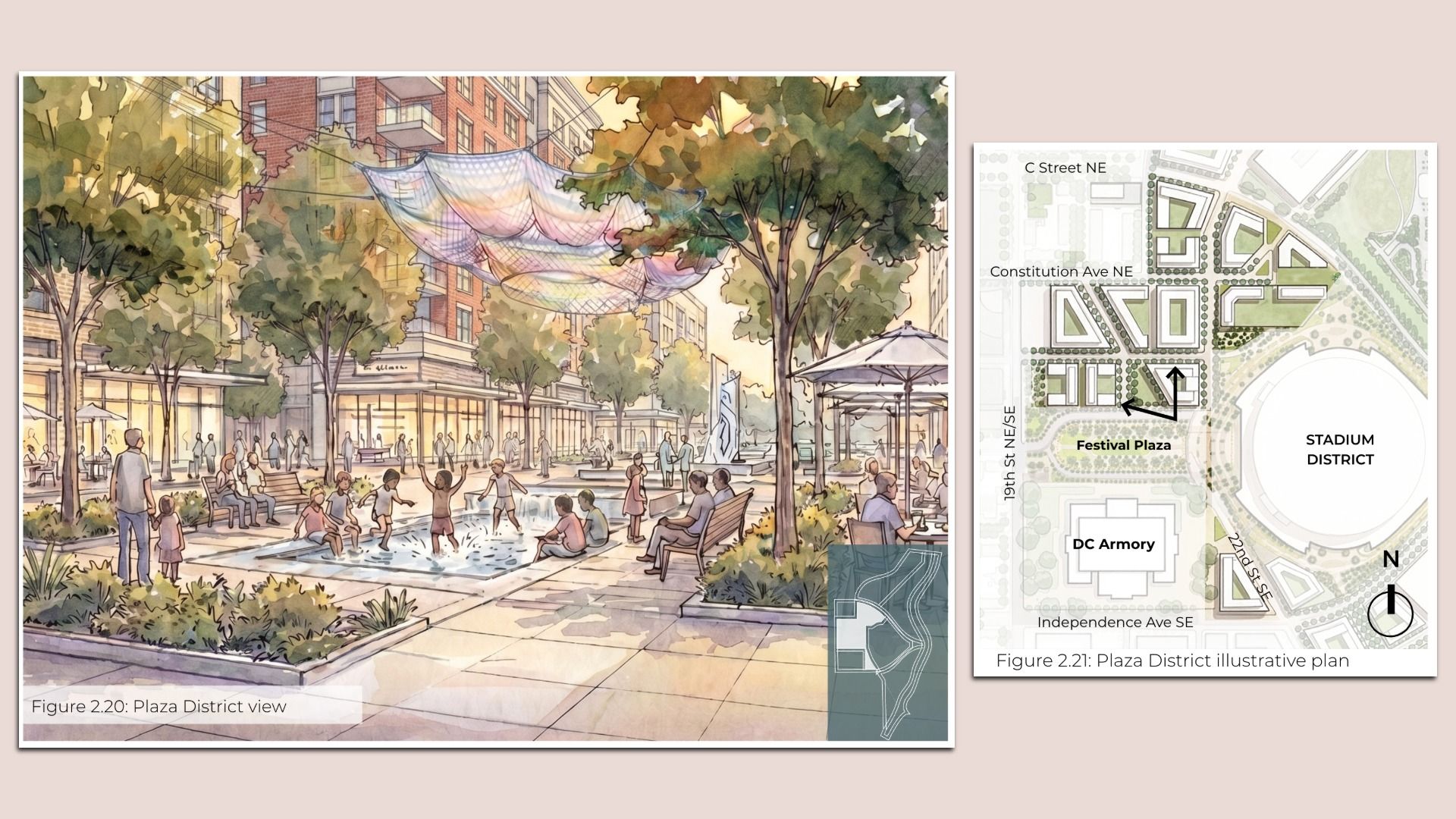 Illustration of a lively urban plaza with trees, a colorful fabric shade canopy over a shallow water feature and people relaxing. On the right, a schematic map shows streets and a stadium district.