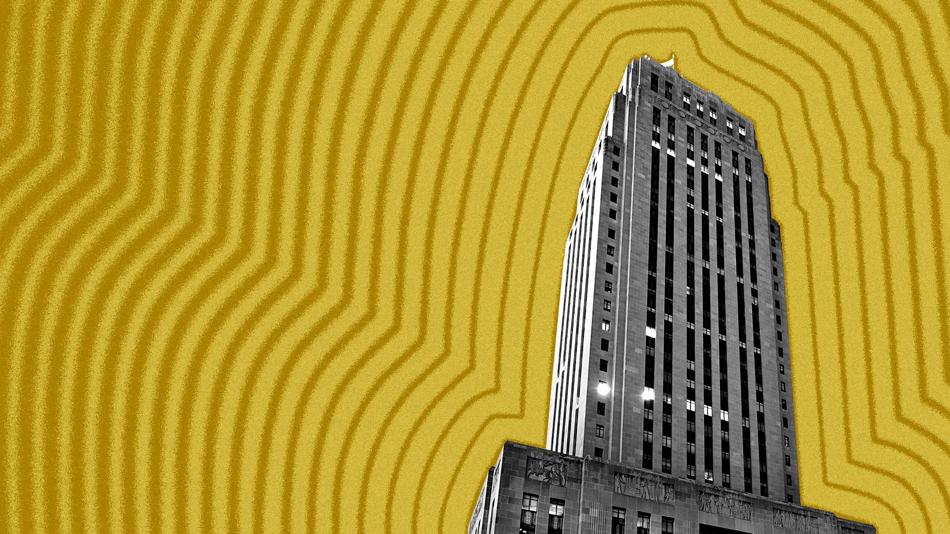Photo illustration of Kansas City City Hall with lines radiating from it.