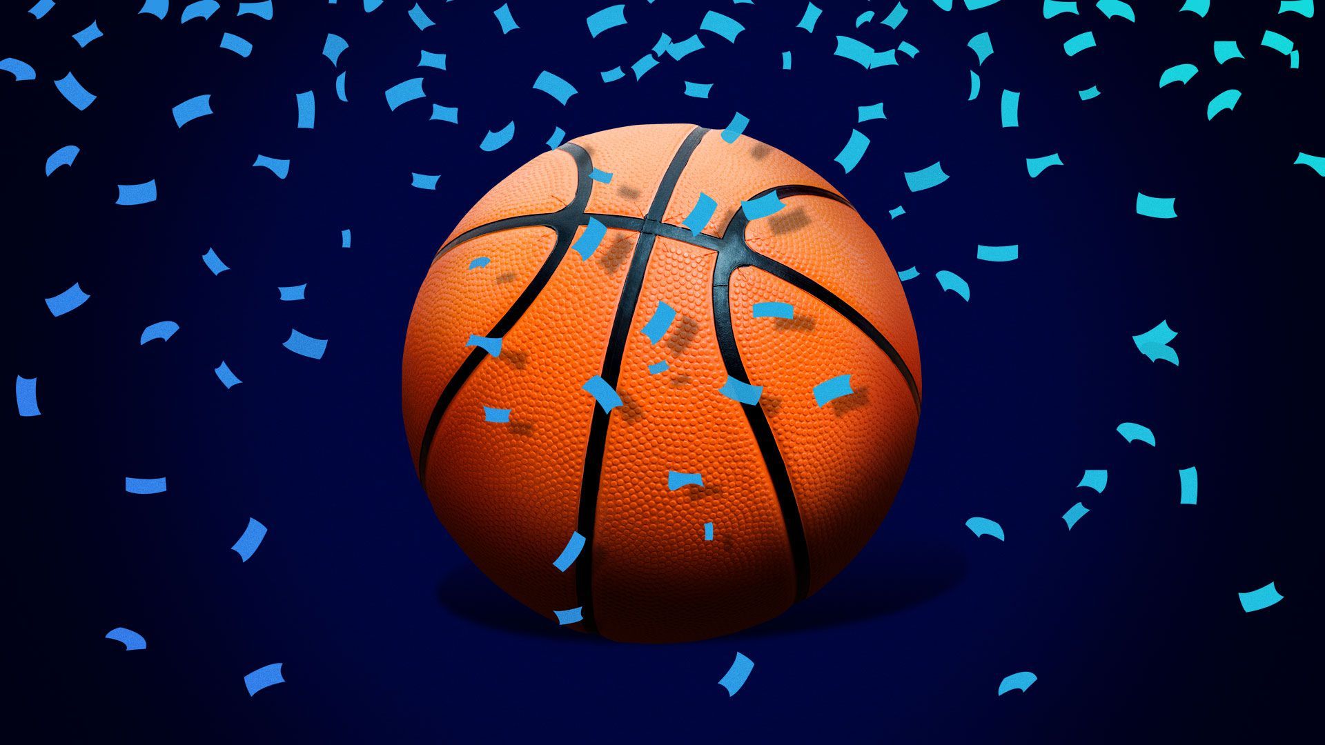 Illustration of a basketball surrounded by falling confetti