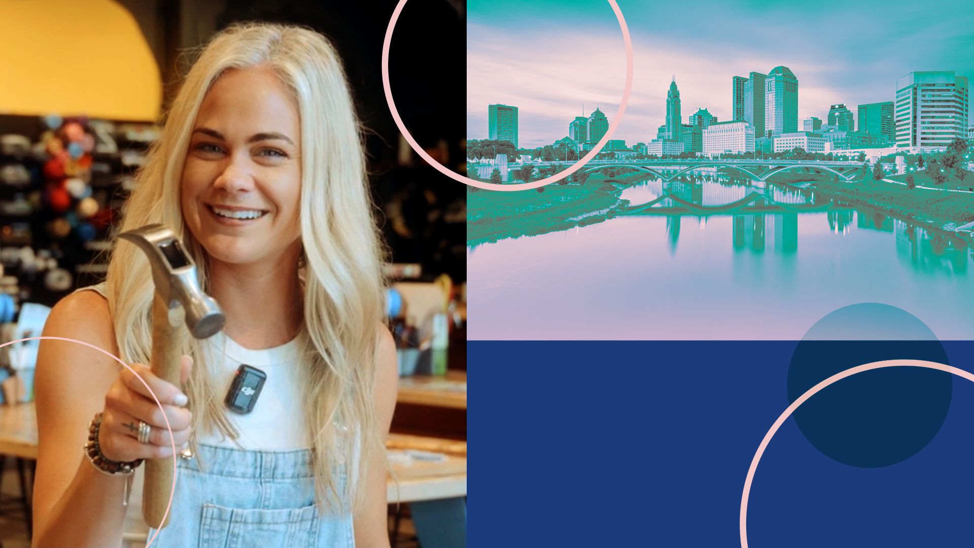 Photo illustration of Megan Pando next to a photo of the Columbus skyline.