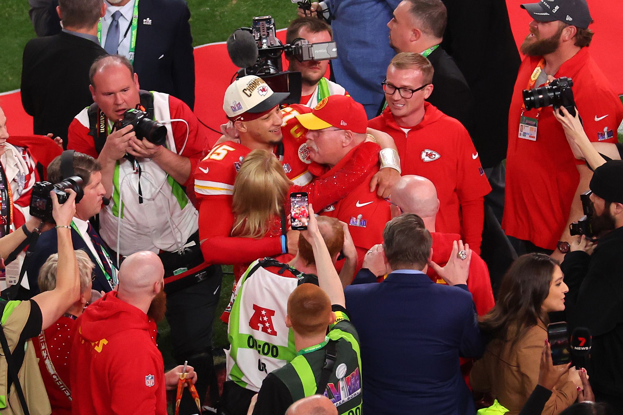 Patrick Mahomes #15 of the Kansas City Chiefs hugs Head coach Andy Reid after defeating the San Francisco 49ers in overtime during Super Bowl LVIII on Sunday, Feb. 11, 2024 in Las Vegas, Nevada. 