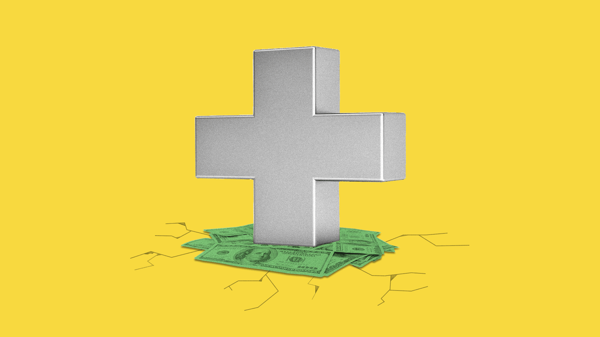 Illustration of a giant health plus on top of a pile of cash, the ground underneath is cracking