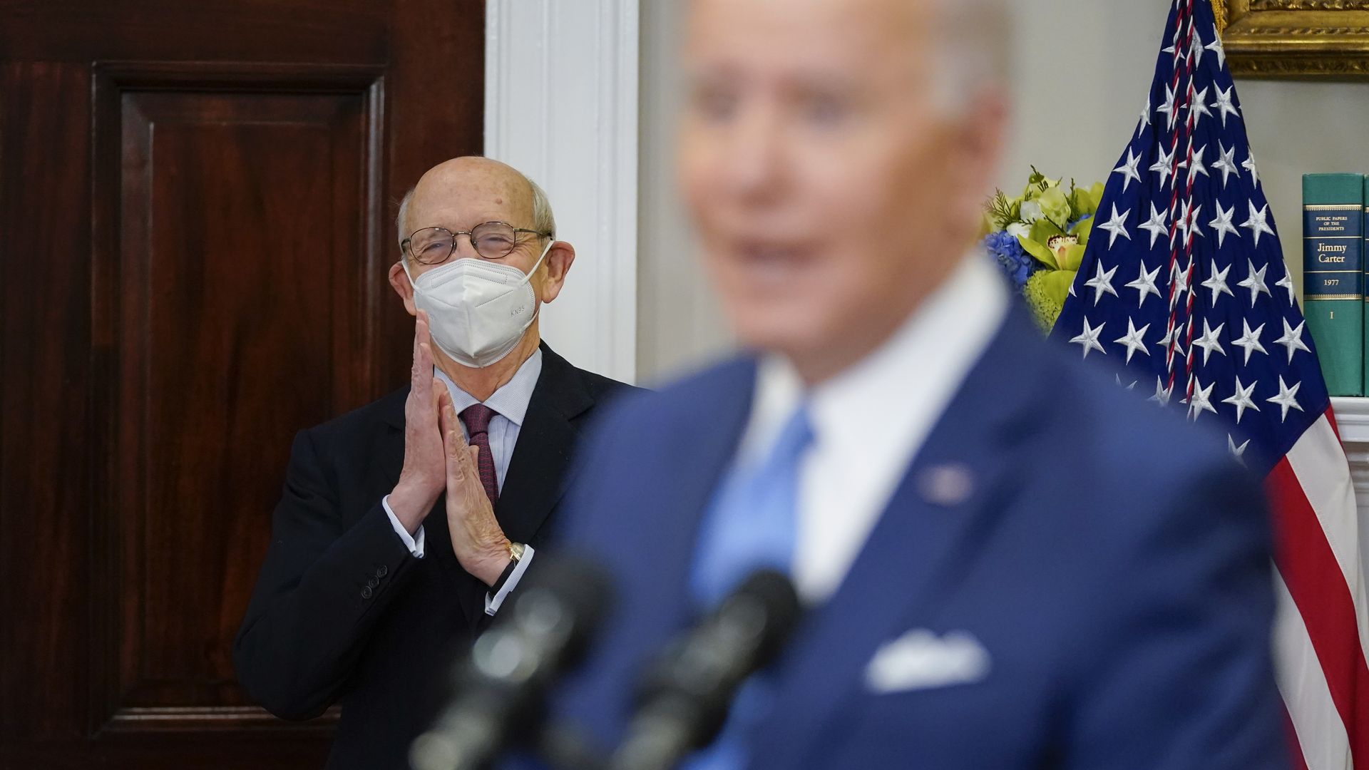 Stephen Breyer looks on as President Biden speaks at the White House