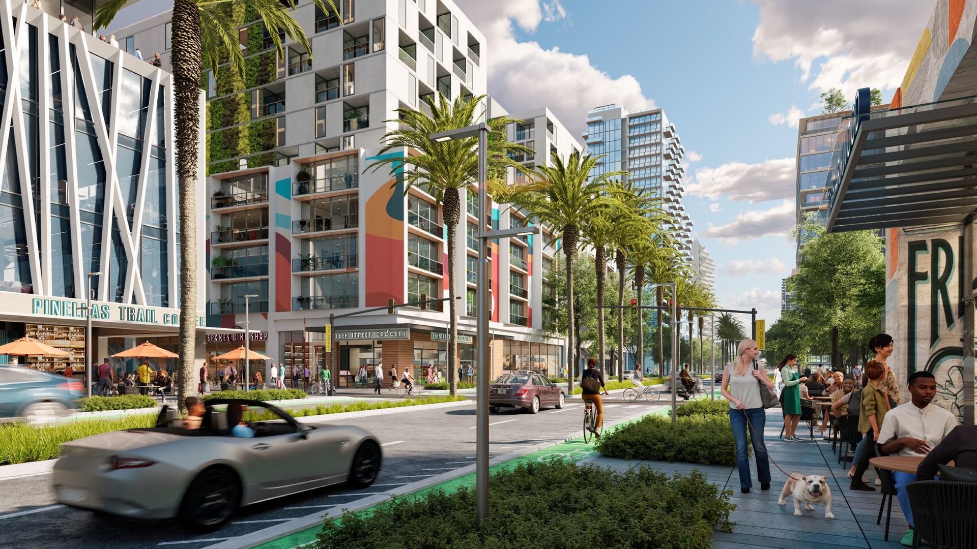 A rendering of the Historic Gas Plant District redevelopment surrounding a new Rays stadium.