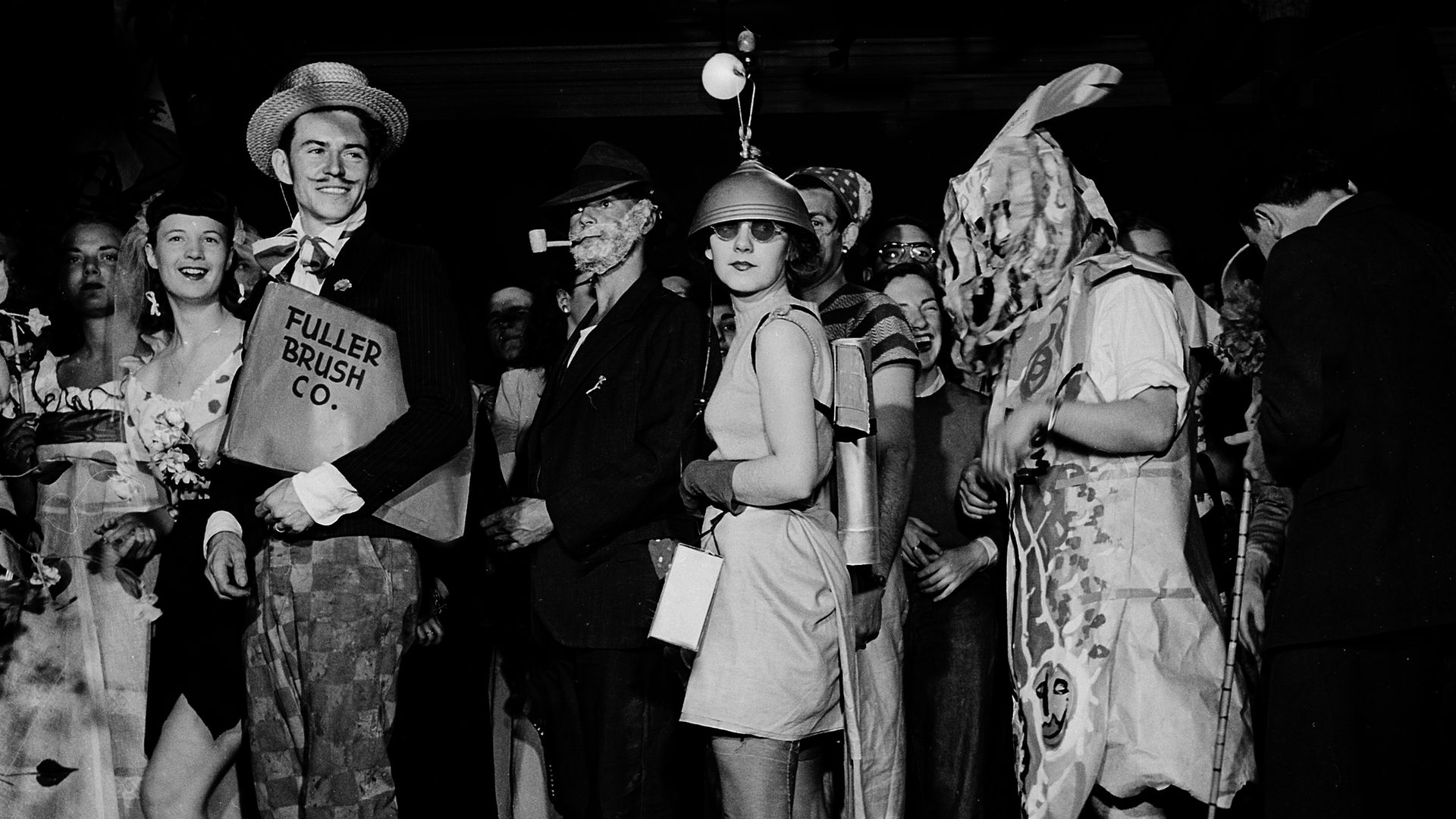 Photo of people in Halloween costumes in 1949.