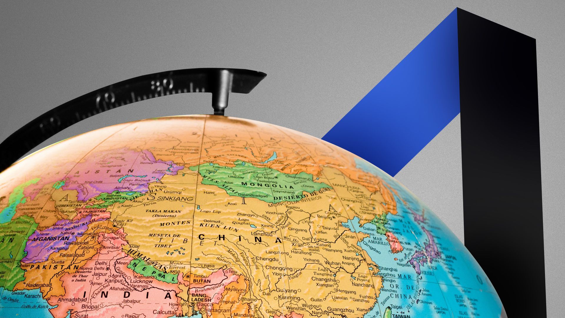 Illustration of the Axios "A" looking over a globe showing Asia. 