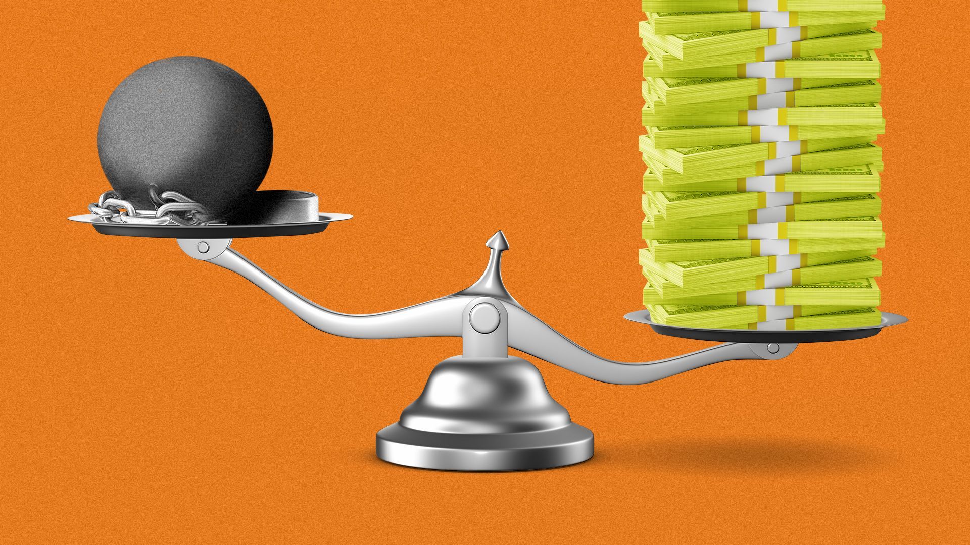 Illustration of a scale with an iron ball and chain weighing less than a super tall stack of cash. 