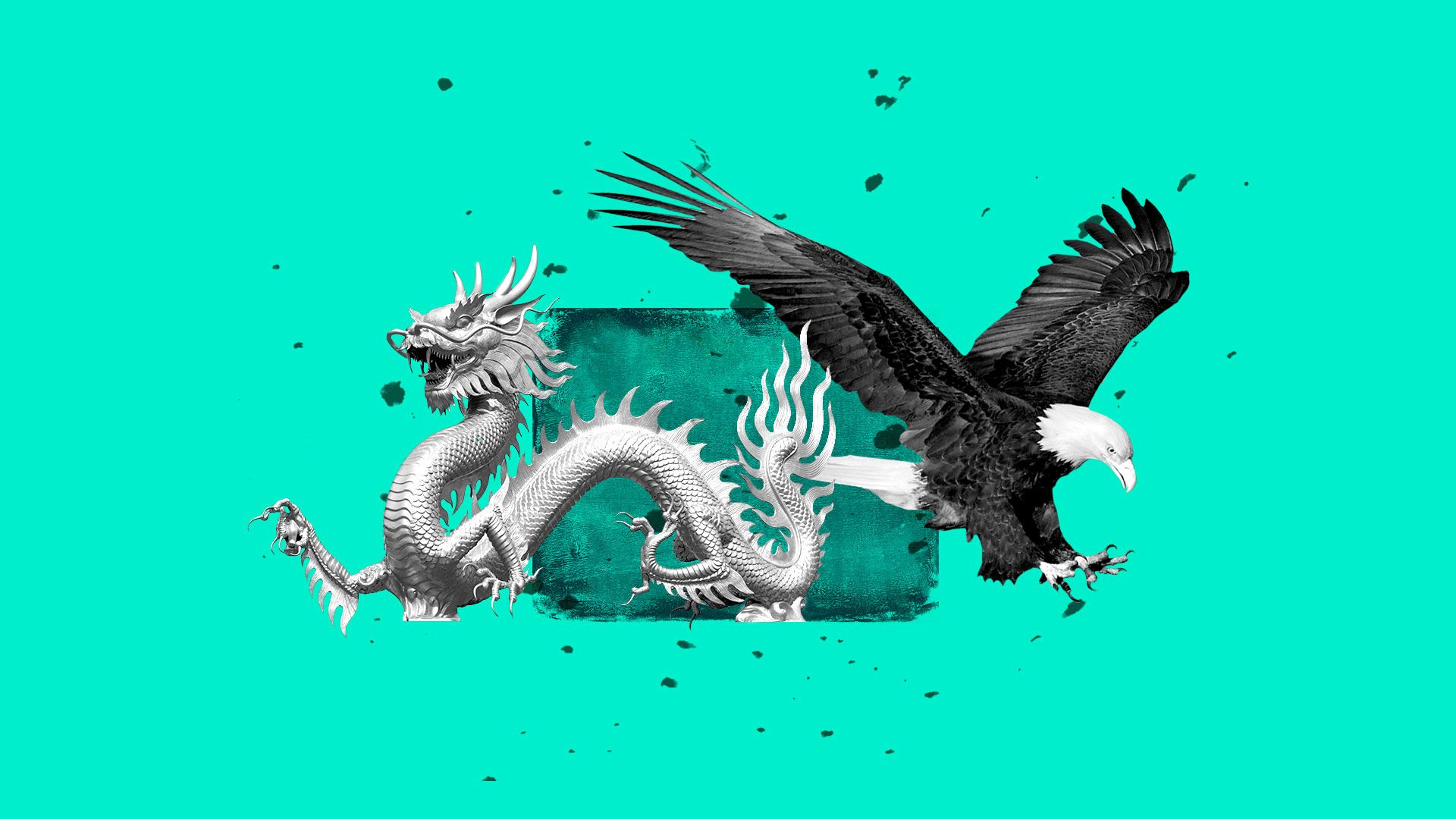 Collage illustration of an American Bald Eagle and Chinese Dragon. 