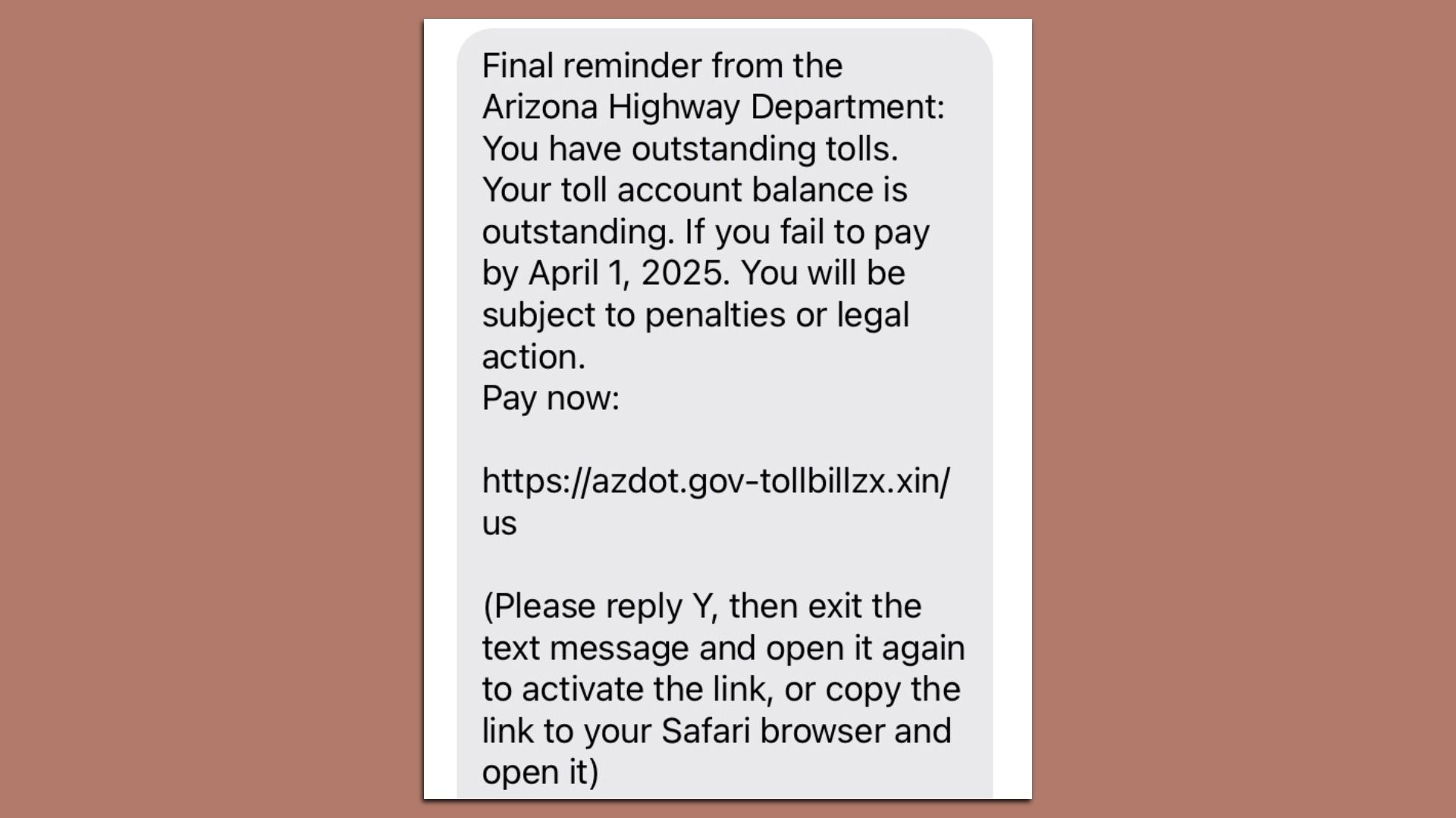 A screenshot of a text message scam warning of unpaid tolls. 